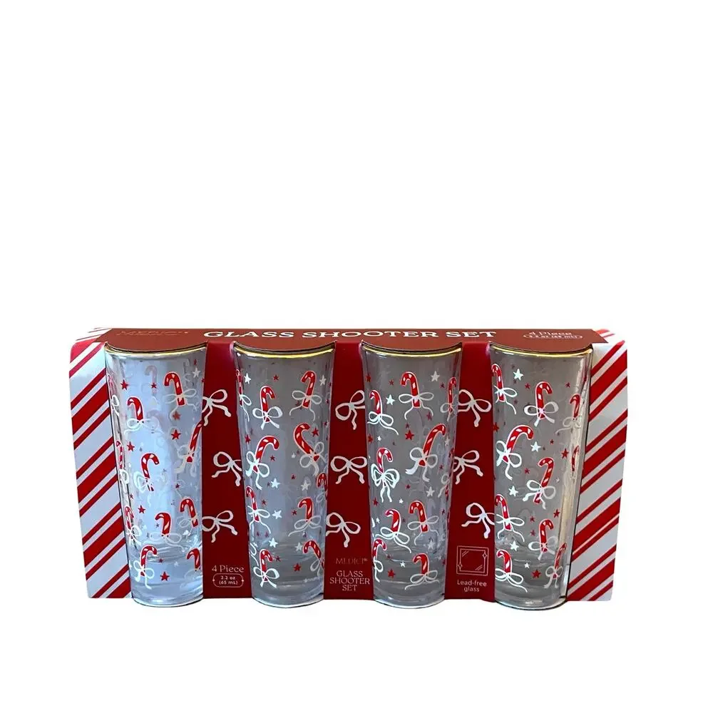 Christmas Candy Canes & Bows Shot Glasses Set of 4 Chic Holiday Barware New